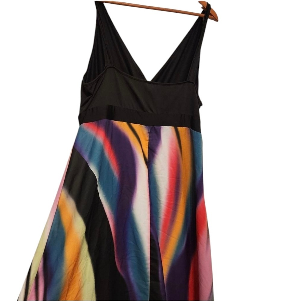 Abstract Rainbow Print Maxi‎ Dress Black Surplice V-Neck Empire Waist Sleeveless